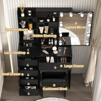 Schminktisch mit Spiegel und Hocker Schwarz Beleuchtung Make-up Tisch 80x34x130cm