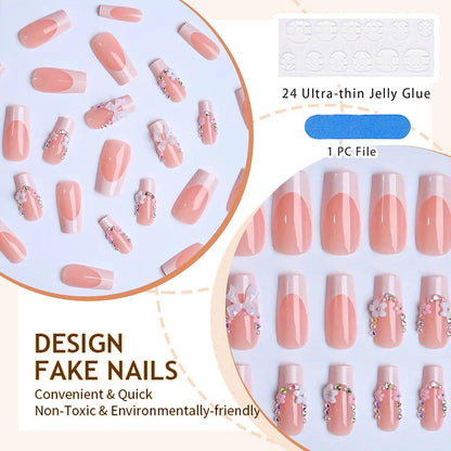 Press on Nails Long Length French Tip mit Strass Acryl