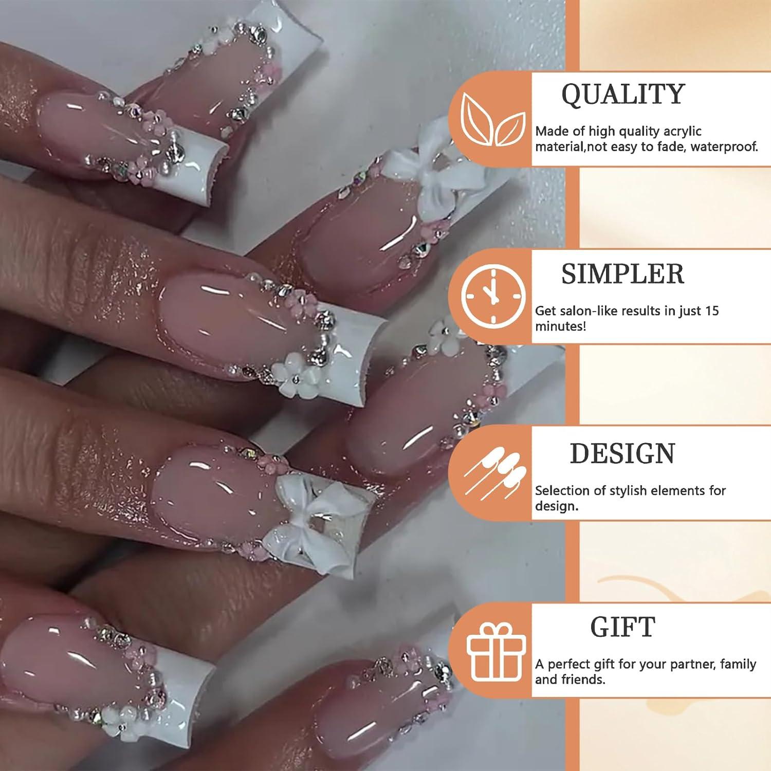 24 Stück Square Press On Nails mit Strass und Schleifendesign