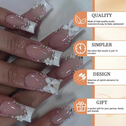 24 Stück Square Press On Nails mit Strass und Schleifendesign