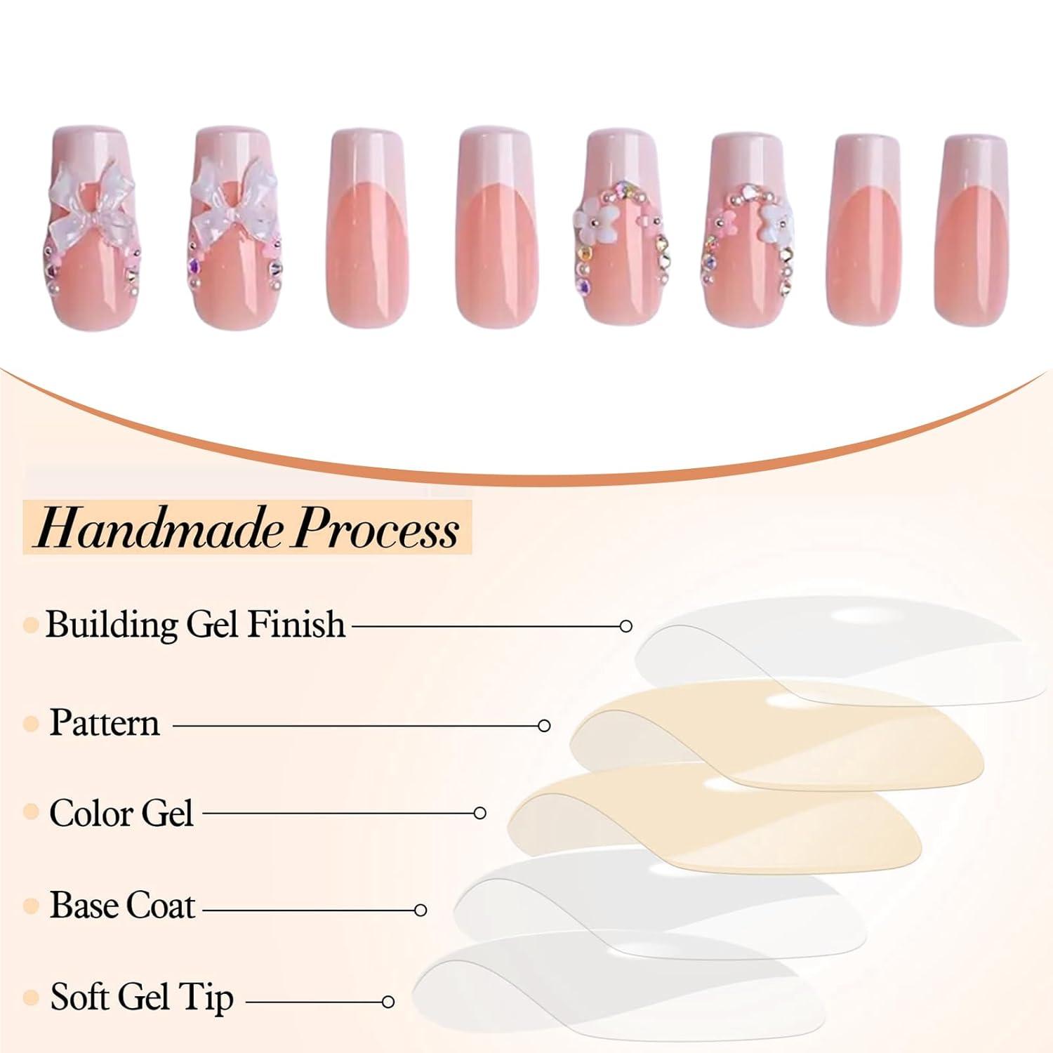 Square Press on Nails Strass Schleife French Tip Acryl Falschfingernägel