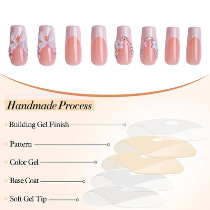 Square Press on Nails Strass Schleife French Tip Acryl Falschfingernägel