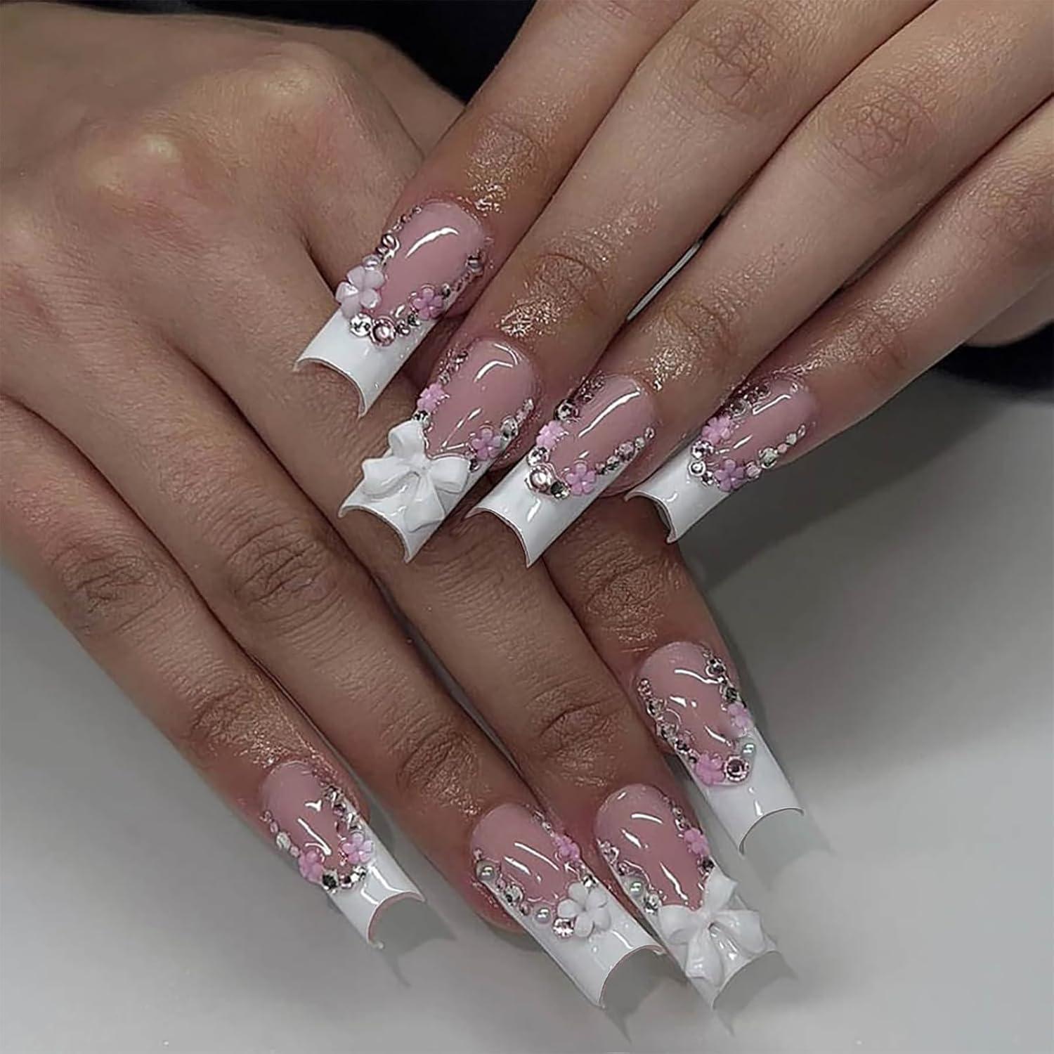 Square Press on Nails Long French Tip Nails mit Strass Acryl