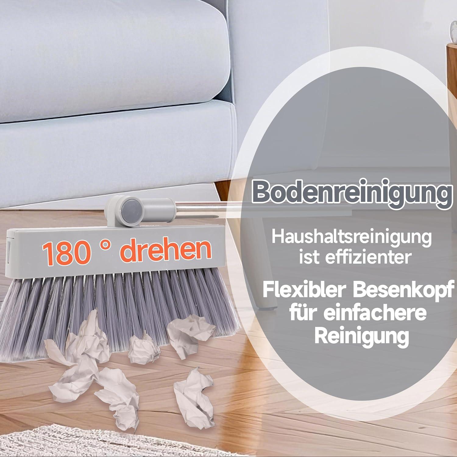 4in1 Besen Set mit kehrschaufel und langem stiel - Selbstreinigende Borsten - Platzsparend - Hochwertige Materialien - Multifunktional