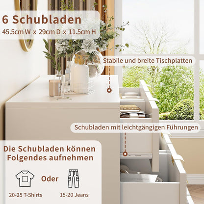 Weißer Schubladenschrank mit Metallfüßen & Griffen – 6 Schubladen