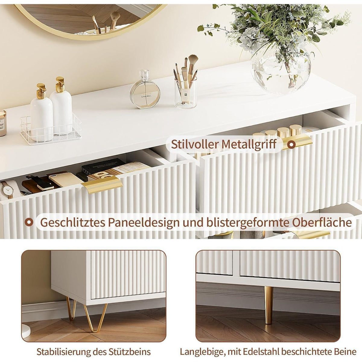 Weißer Schubladenschrank mit Metallfüßen & Griffen – 6 Schubladen