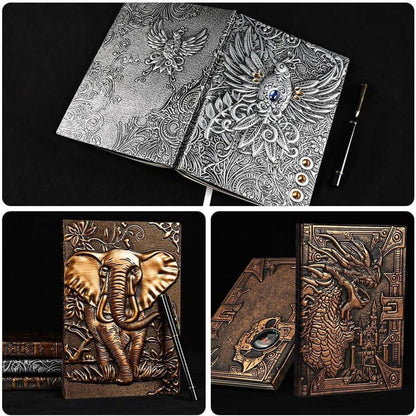 A5 Tagebuch mit Drachen-Prägung & Stift – Vintage Notizbuch