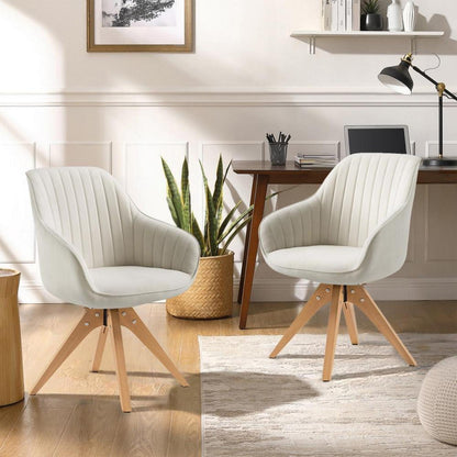 Drehbarer Esszimmerstuhl 2er Set Beige Samt mit Eichenholzbeinen
