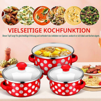 Emaille-Suppentopf Set 3-teilig – Kochtopf klein mit Deckel