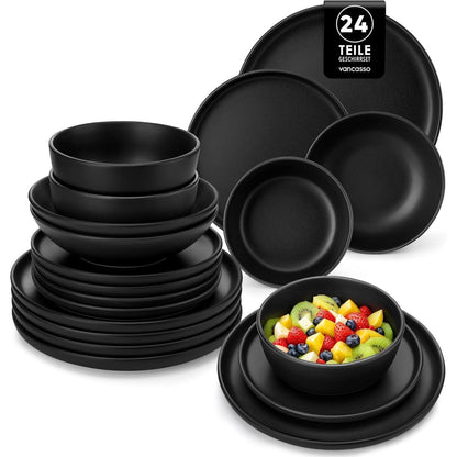 Steingut Geschirrset 24tlg für 6 Personen, Schwarz