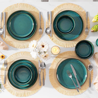 Steingut Geschirrset 18tlg für 6 Personen, Grün, Mediterranes Design