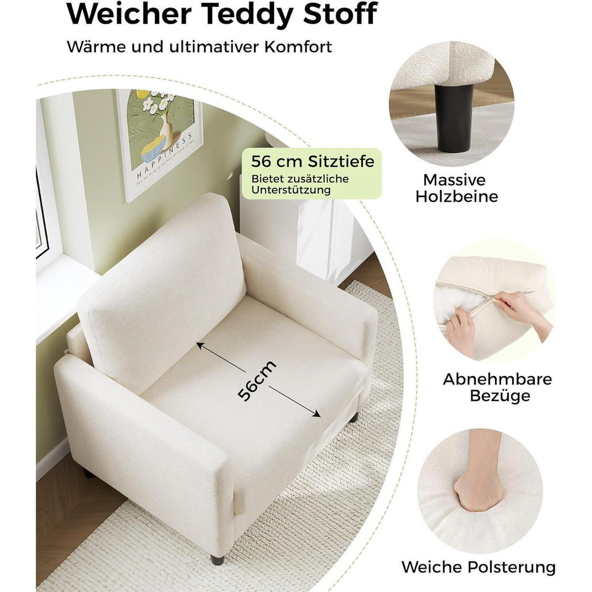 Bequemer Lesesessel Wohnzimmer – 84cm, Beige/Weiß