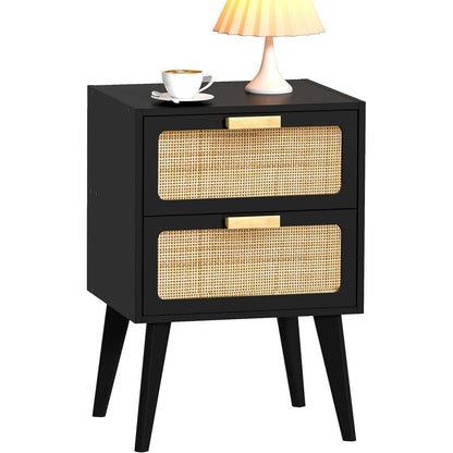 Rattan Nachttisch mit 2 Schubladen, Boho Beistelltisch Schwarz