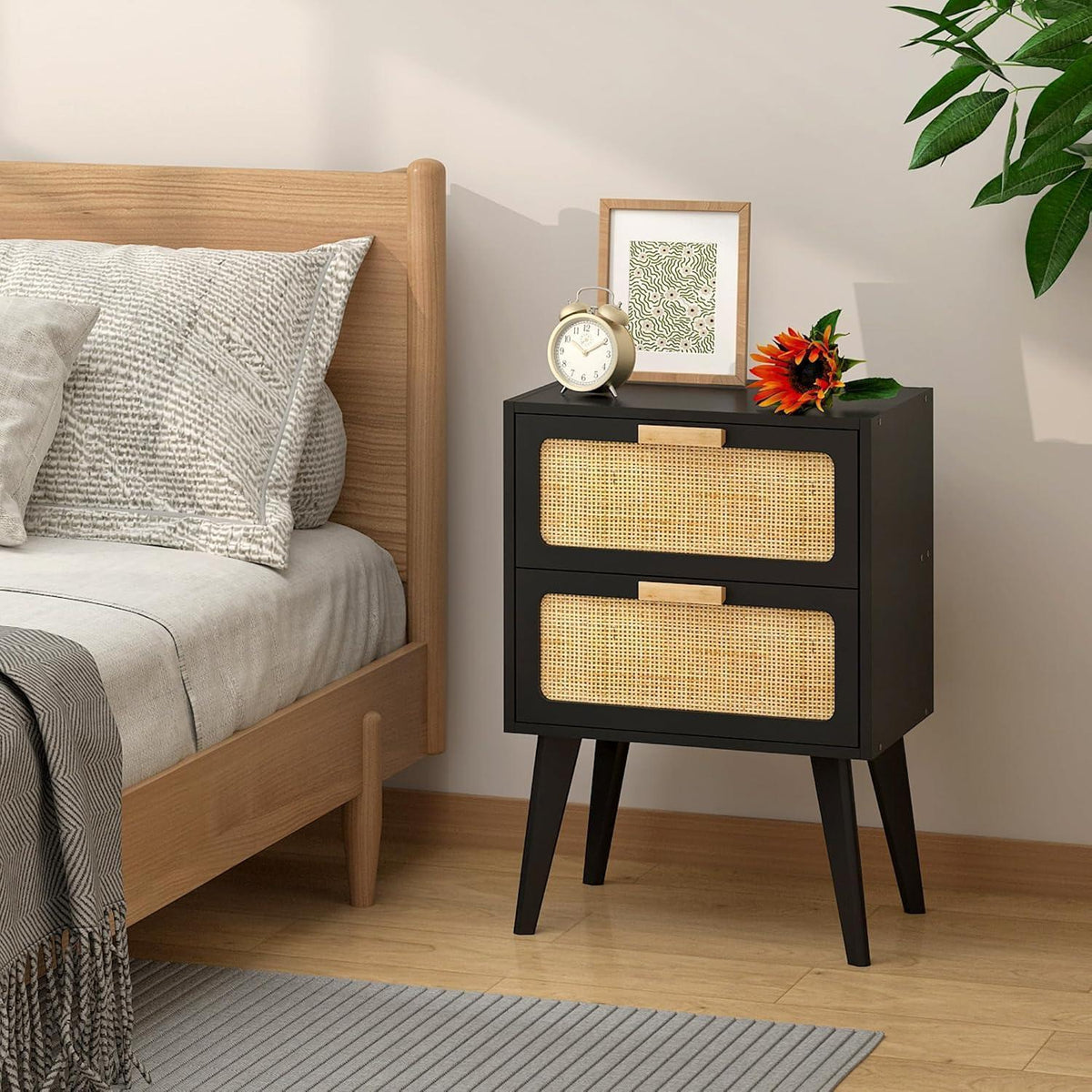 Rattan Nachttisch mit 2 Schubladen, Boho Beistelltisch Schwarz