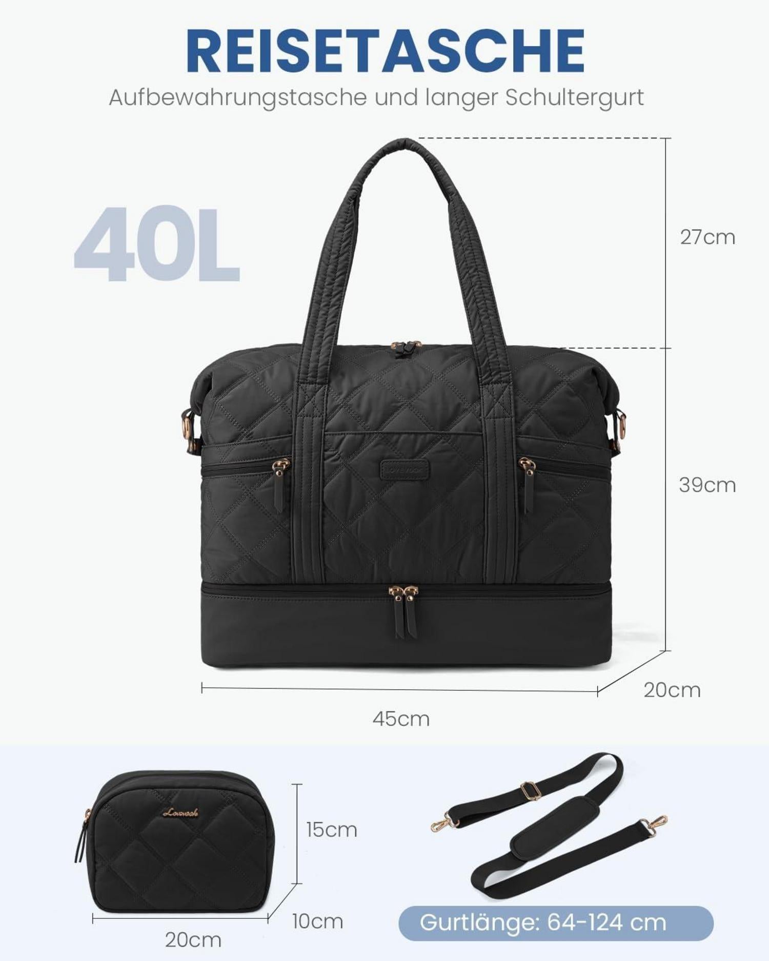 Travel Duffel Bag Sporttasche Groß Damen Reisetasche Schwarz