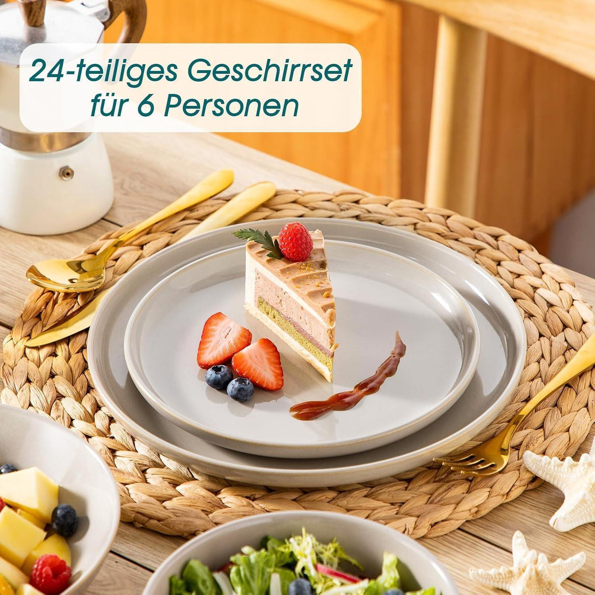 Tafelservice 24-teilig für 6 Personen, Steingut, Soft Beige