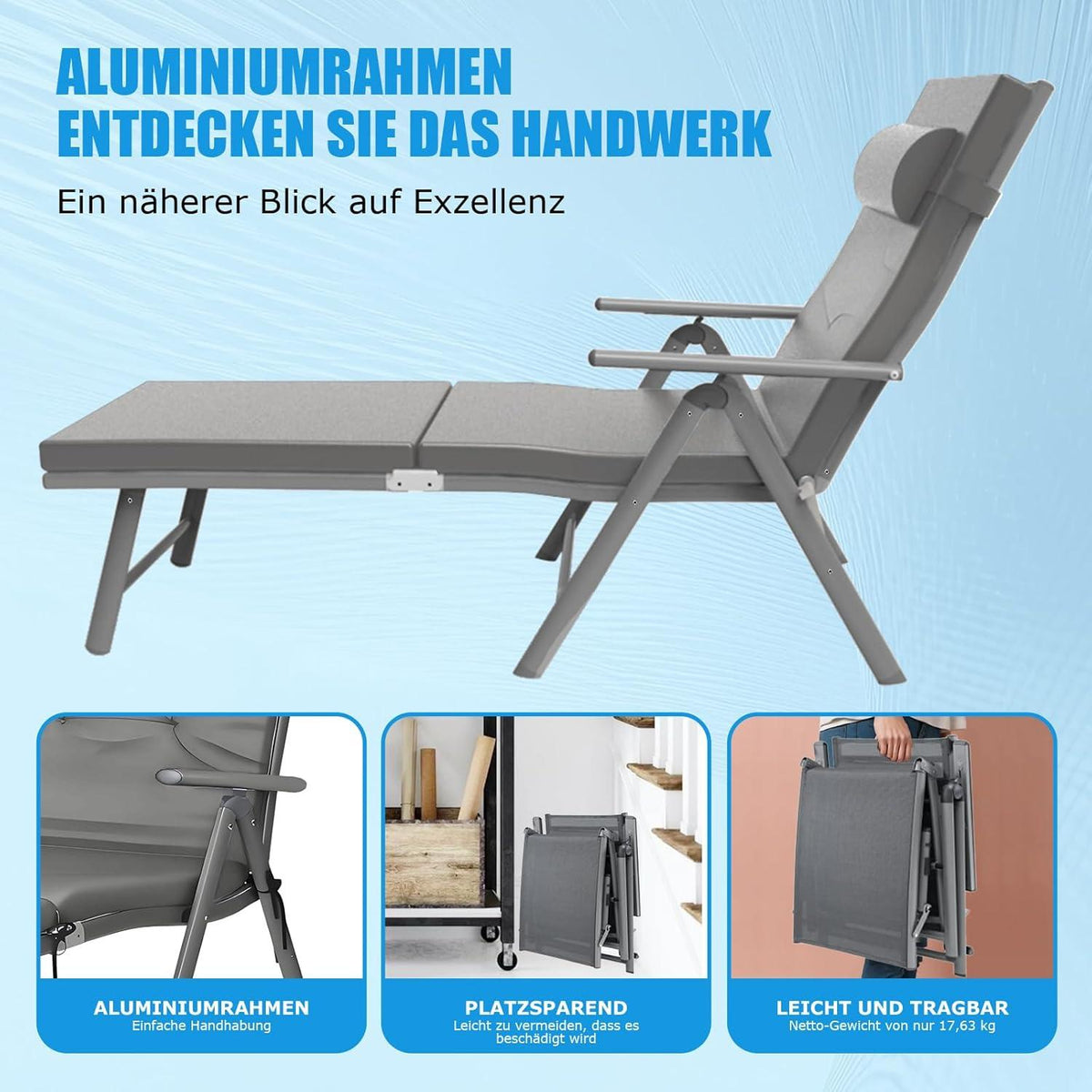 Sonnenliege klappbar mit 6cm Matratze rostfreiem Aluminium bis