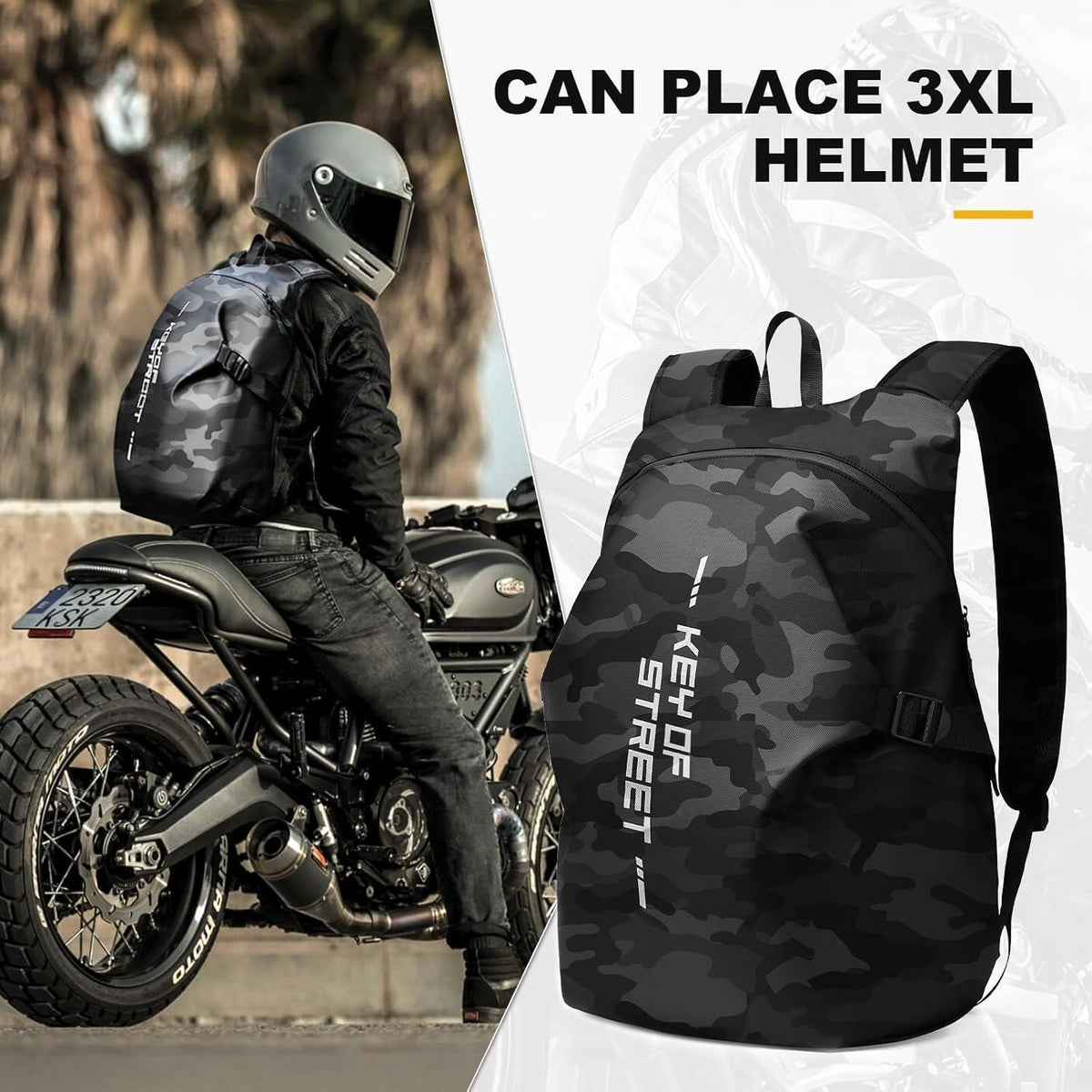 Motorrad Rucksack Wasserdicht mit Helmhalterung – Schwarz Camo L