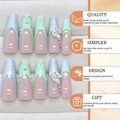 24er Set Glitzer Acrylnägel Sargform Butterfly Square Floral