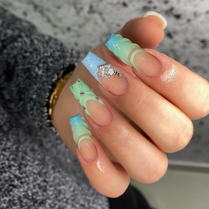 24er Set Glitzer Acrylnägel Sargform Butterfly Square Floral