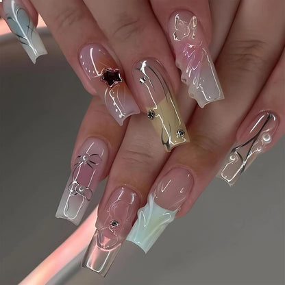 French Press on Nails 24 Stück Künstliche Nägel 3D Design mit Perlen