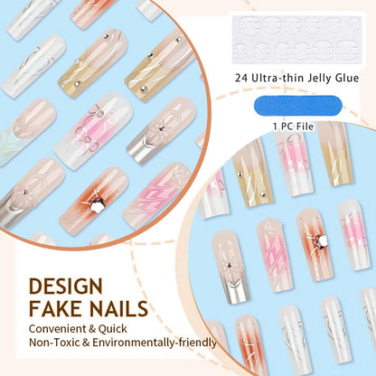French Press on Nails 24 Stück Künstliche Nägel 3D Design mit Perlen