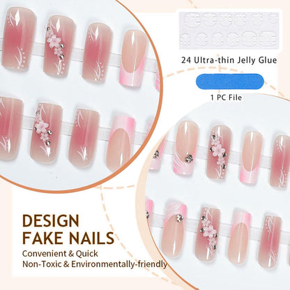 24 Stück Rosa Blumen Design Acryl Nägel Quadratisch 3D