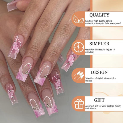 24 Stück Rosa Blumen Design Acryl Nägel Quadratisch 3D