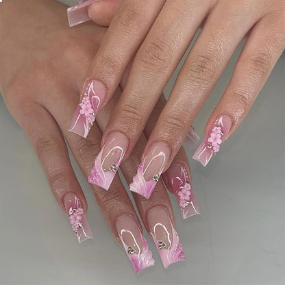 Nagel-Ons Lange Quadratische Falsche Nägel mit Rosenmuster 3D-Design