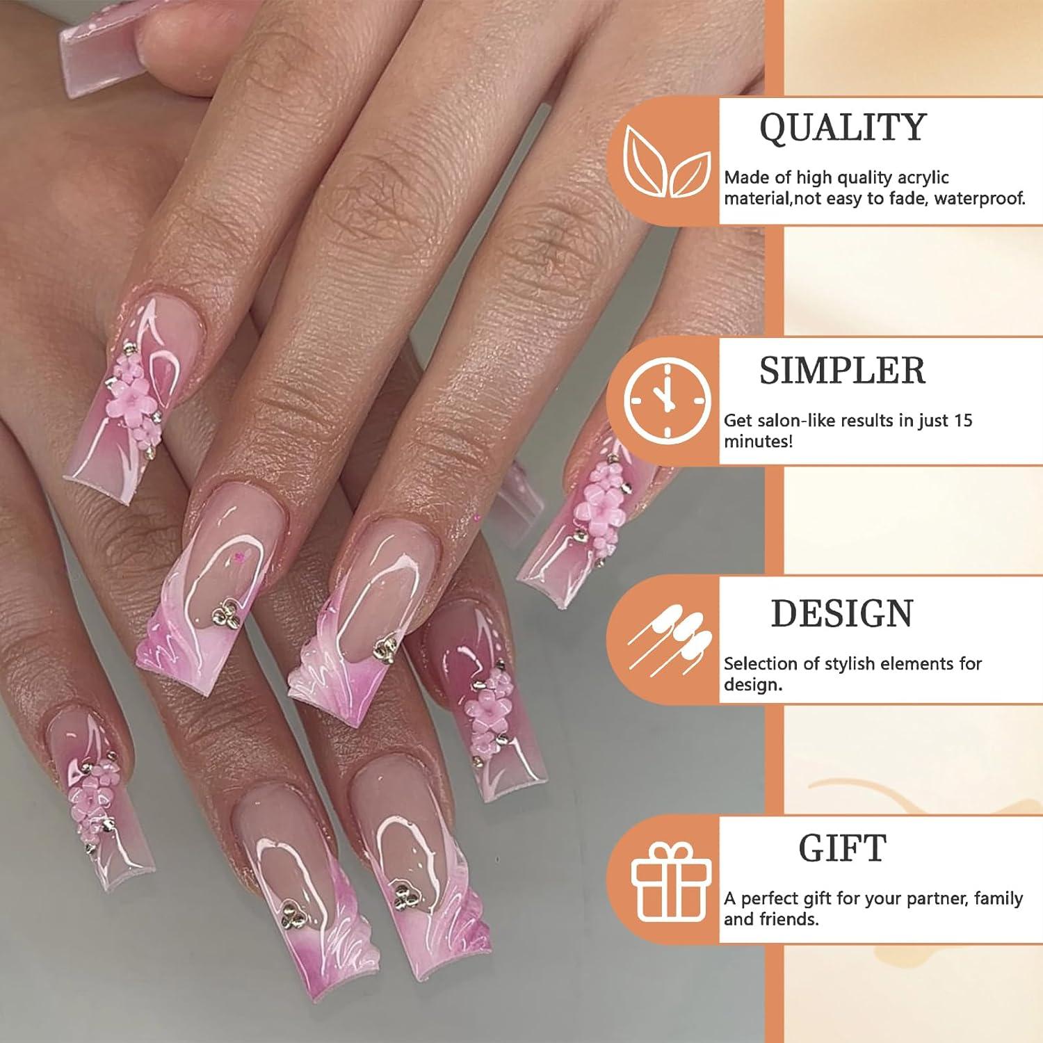 24 Stück Quadratische Rosa Falsche Nägel Press on Nägel Acryl 3D Nagel Cover