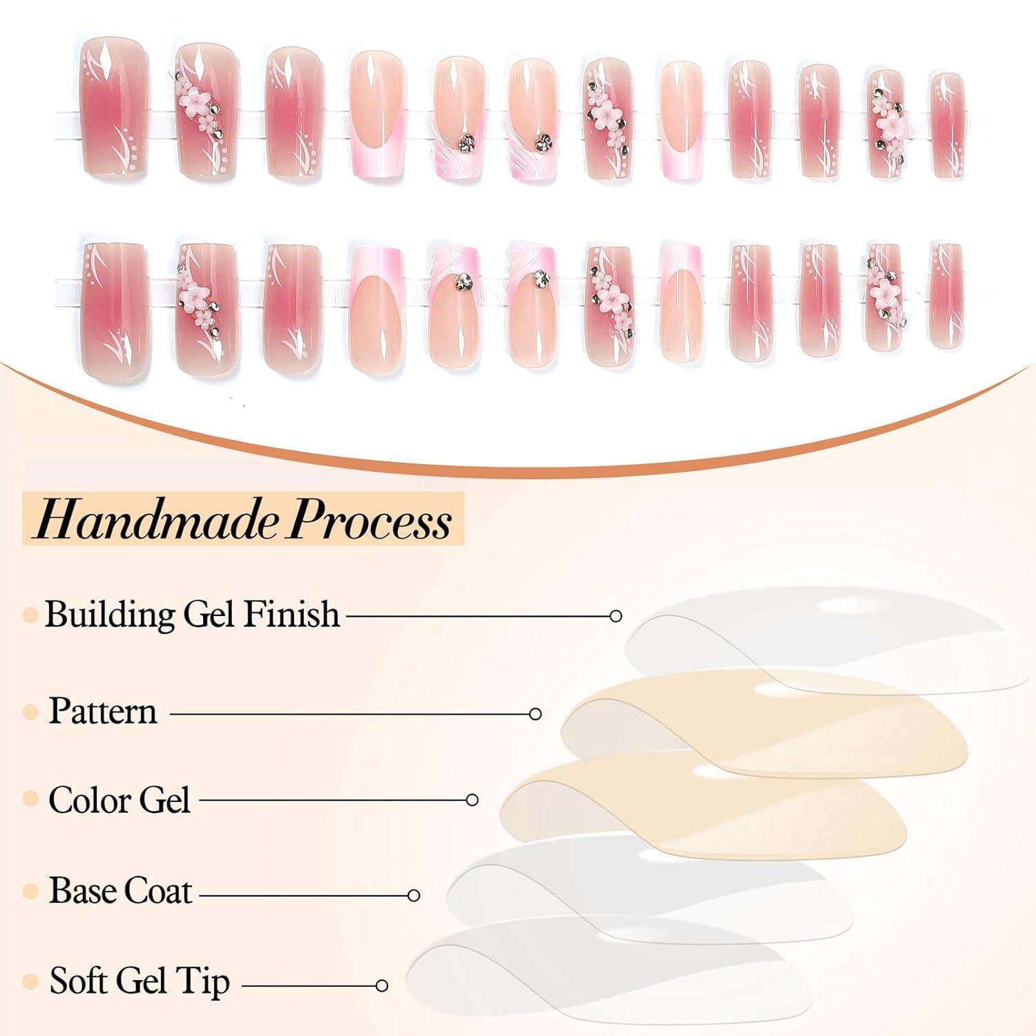 24er Set Rosa Ombre Quadratische Press-on Nägel Acryl 3D Vollabdeckung