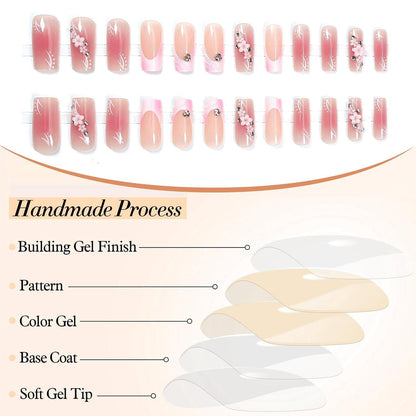 24er Set Rosa Ombre Quadratische Press-on Nägel Acryl 3D Vollabdeckung