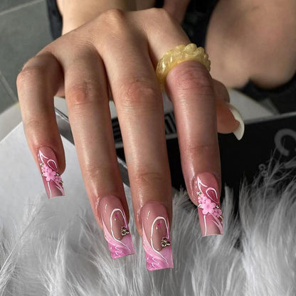 Press on Nägel Lange Quadratische Blumen Design Rosa Acryl 3D 24 Stück