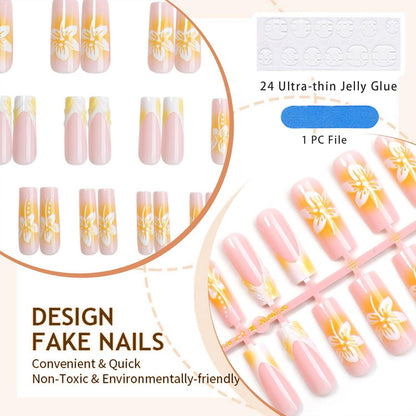 Lange Gelbe French Tip Acrylnägel 24 Stück Blumen Maniküre