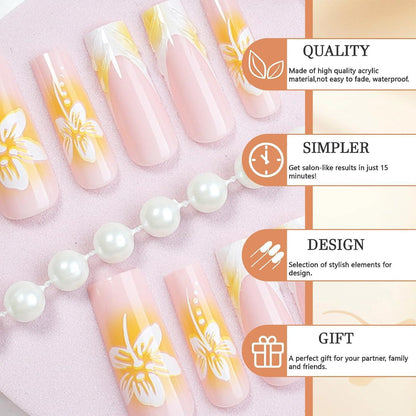 Lange Gelbe French Tip Acrylnägel 24 Stück Blumen Maniküre
