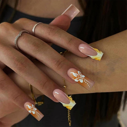 Lange Gelbe French Tip Acrylnägel 24 Stück Blumen Maniküre