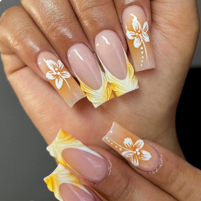 Press on Nägel Lange Quadratische Falsche Nägel Gelb French Tip 3D
