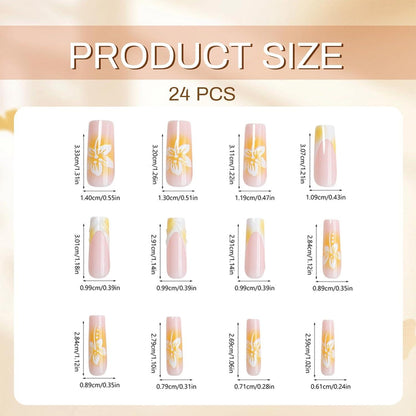 Lange Gelbe French Tip Acrylnägel 24 Stück Blumen Maniküre