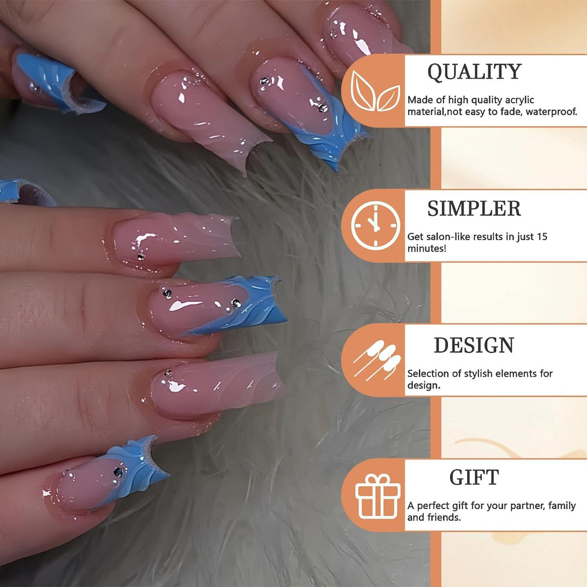 24 Stück 3D Gelnägel Set Blau mit Rhinestones und Perlen