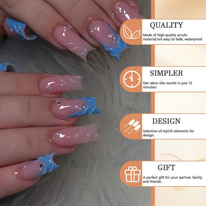 24 Stück 3D Gelnägel Set Blau mit Rhinestones und Perlen