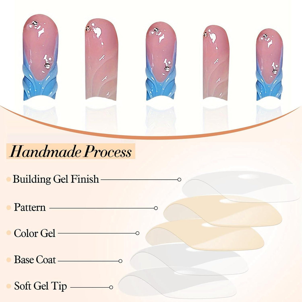 24x Blue Acrylic French Tip Press On Nails with Rhinestones & Pearls
