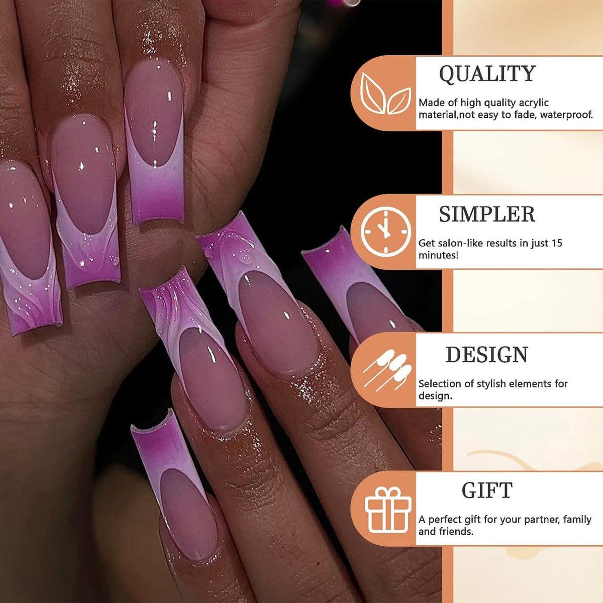 Lange Falsche Nägel Lila Pink French Tip Acrylnagel 24 Stück Squoval Design