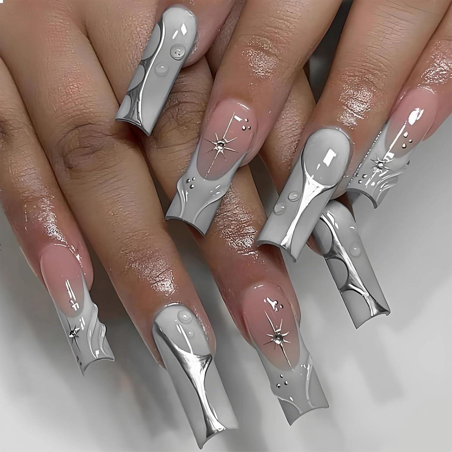 Lange Silber Chrome Falsche Nägel 3D Design 24 Stück