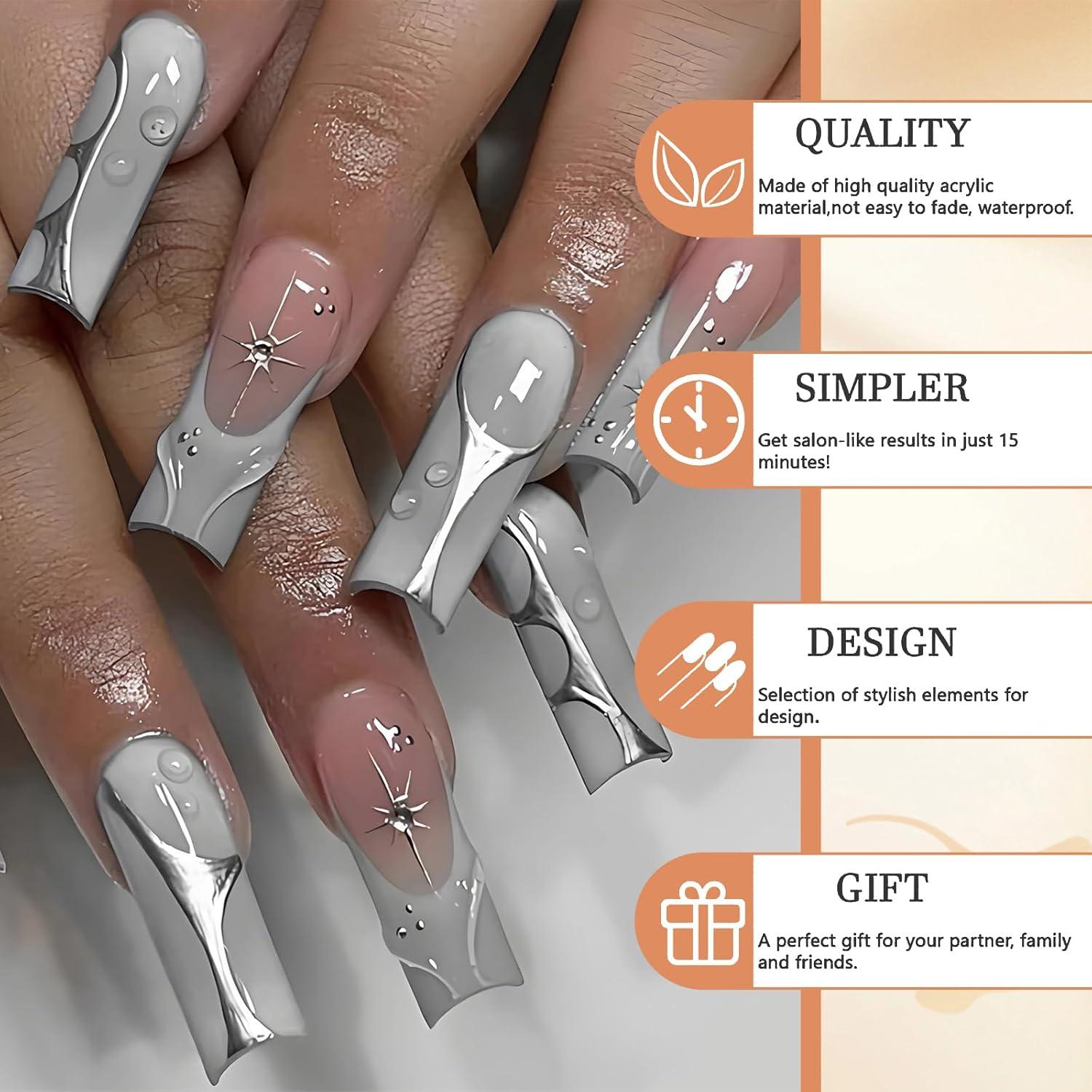 Lange Falsche Nägel Silber Chrome French Tip 3D Design 24 Stück Squoval Maniküre Stick-on-Nägel