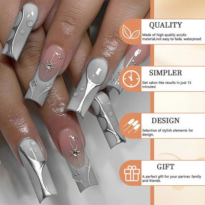 Lange Falsche Nägel Silber Chrome French Tip 3D Design 24 Stück Squoval Maniküre Stick-on-Nägel