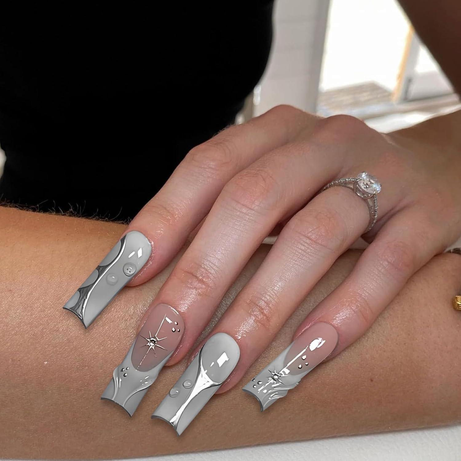 Lange Quadratische Falsche Nägel Silber Chrome 3D Design 24 Stück