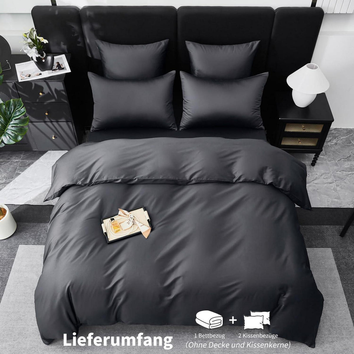 Mako Satin Bettwäsche Dunkelgrau 220x240 - 3-teilig & Kühlend