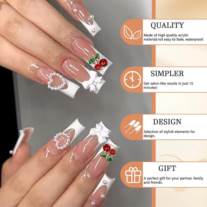 3D Perlen Weiße French Tip Falsche Nägel Extra Lang Glänzend 24Pcs - Selbsthaftende Kirschschleife Nagel-Set