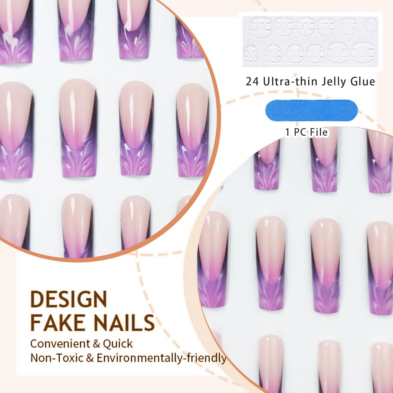 Lange Dunkelviolette 3D Acrylnägel French Tip Design 24 Stück