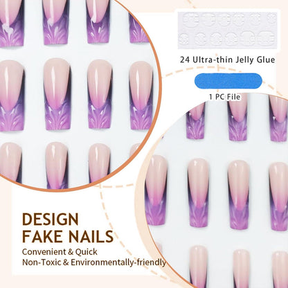 Lange Dunkelviolette 3D Acrylnägel French Tip Design 24 Stück